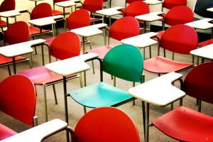 classroom desks seats red chairs green school learn teach