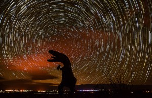 dinosaur spinning stars night sky universe