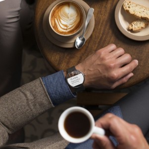 moto 360 smart watch in cafe