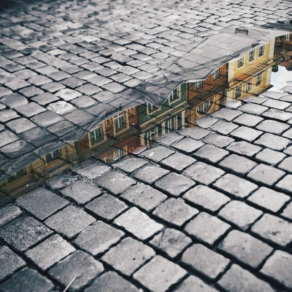 smart city cobblestone double exposure town buildings road