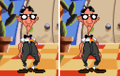 Example of scaling from Day of the Tentacle. Left: Normal 3x scaling. Right: AdvMAME3x scaling