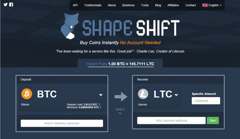 Erik Voorhees’s ShapeShift cryptocurrency exchange requires no log in.