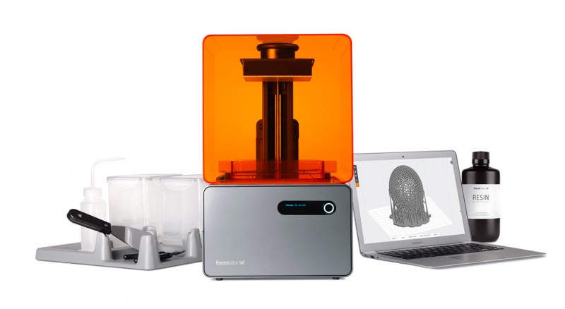 The Formlabs Form 1+ complete package, resin fluid, and software.