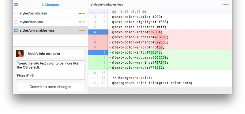 A view of a commit on GitHub Desktop