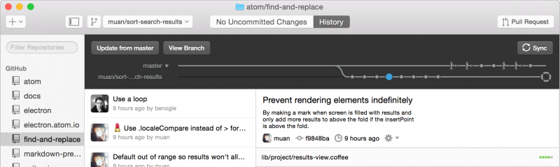 A view of the GitHub Desktop GUI, history graph, comments via GitHub