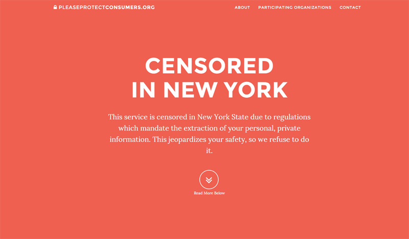 PleaseProtectconsumers.org displayed to New York residents visiting Bitcoin-related businesses protesting BitLicense