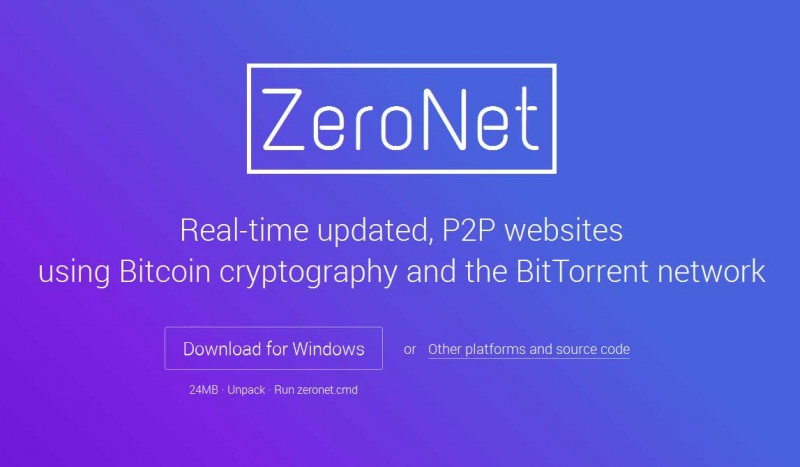 A screenshot of ZeroNet's homepage, the peer-to-peer web publishing software is available for Windows and Linux.