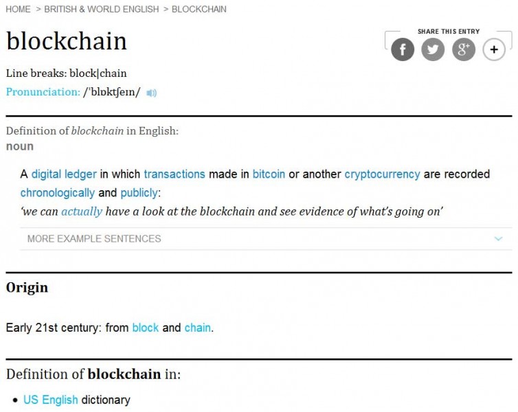 Oxford Dictionaries adds "blockchain" to the lexicon of informal words, it joins "bitcoin" and "cryptocurrency."