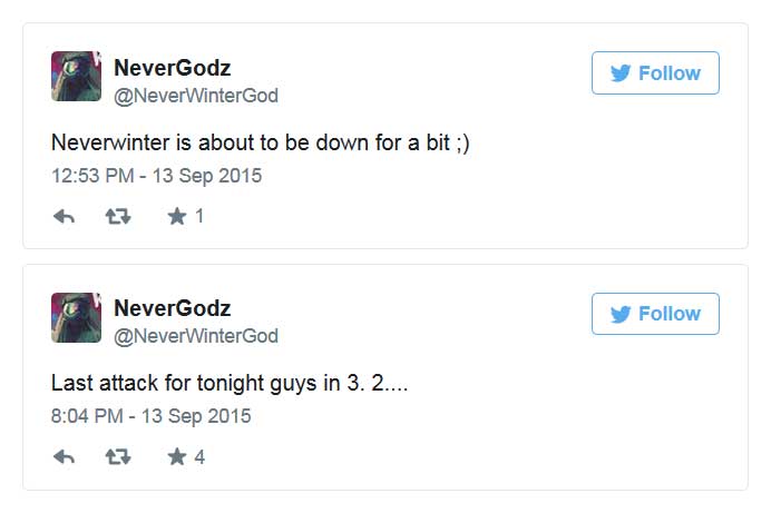 Screenshots of tweets by @NeverWinterGod claiming credit for DDoS attacks against Neverwinter Online that also affected Star Trek Online