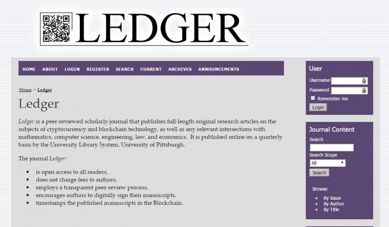 Screenshot of the homepage of the Ledger, the University of Pittsburgh's cryptocurrency scholarly journal.