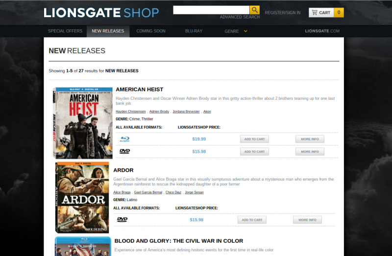 The Lionsgate company store offers a huge variety of DVDs and Blu-ray for sale -- soon for bitcoins.