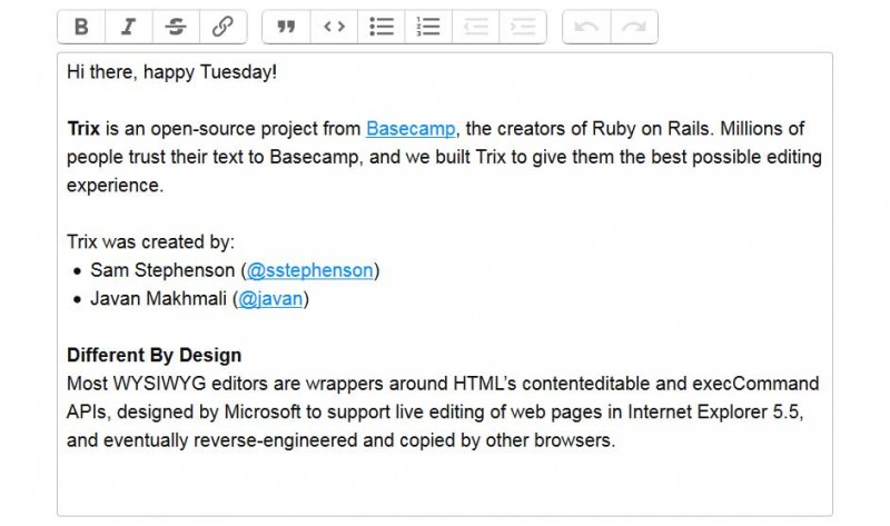 Trix is a web application text field written to support a strong document model and attachments.