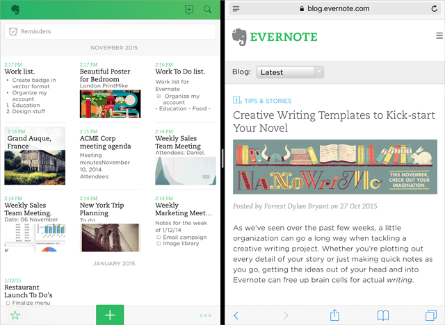 Use iOS 9's Split Screen mode with Evernote on iPad, via Evernote.