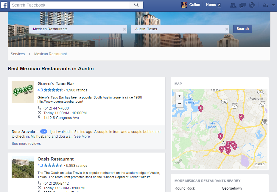 Facebook services search results