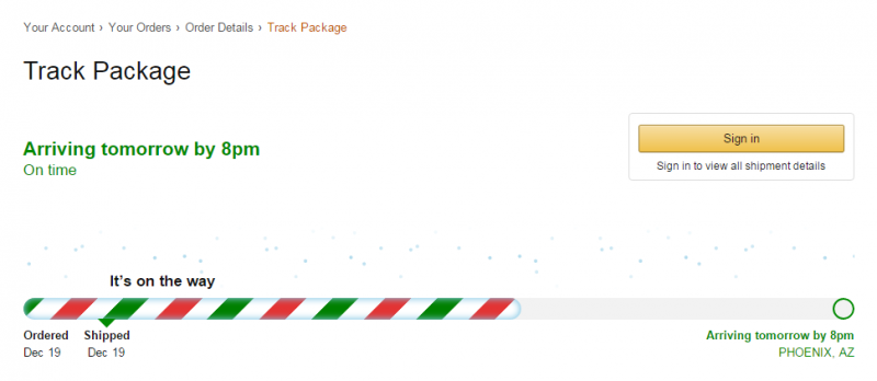 Amazon.com adds festive animations to the shipment tracking user interface.