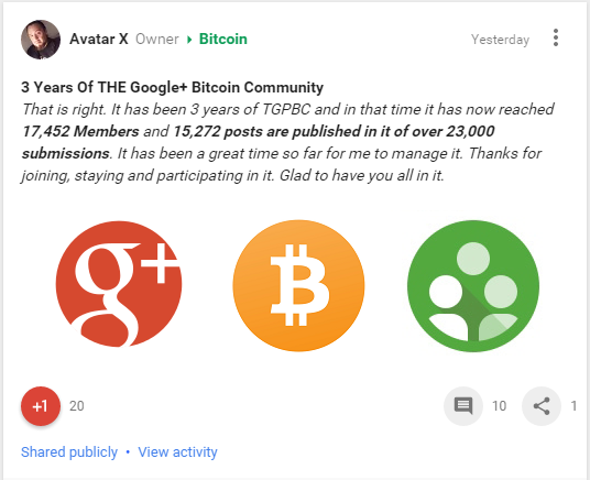 Congratulations on your third anniversary G+ Bitcoin Community. To many more!