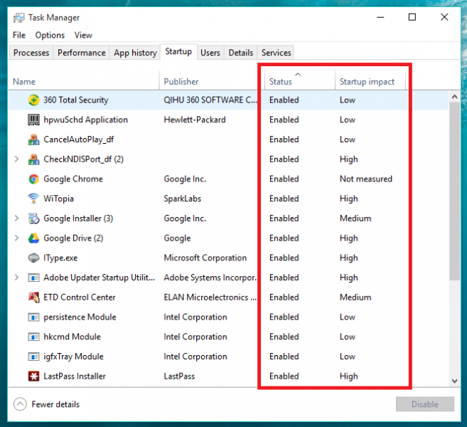 Windows 10 Task manager startup apps