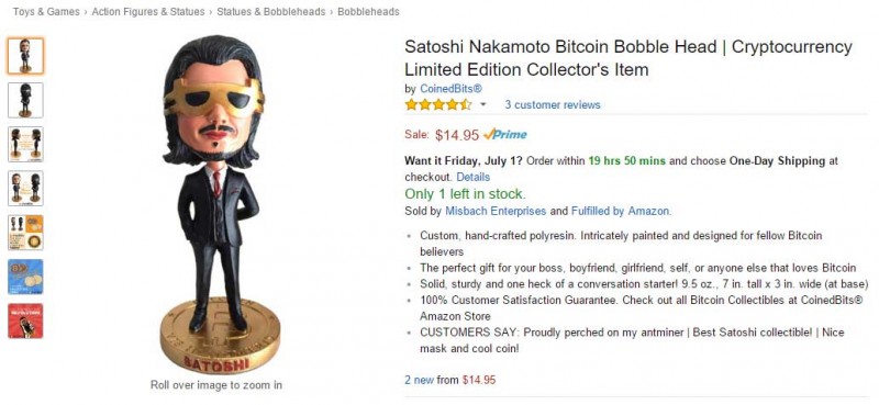 This is an artists rendition of Satoshi Nakamoto, inventor of Bitcoin, available as a bobblehead on Amazon.com