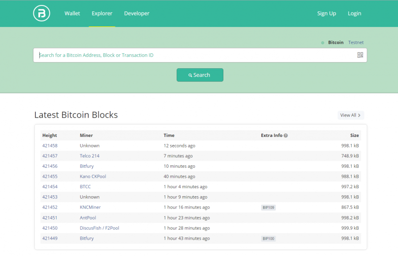 Screenshot of Blocktrail's block explorer