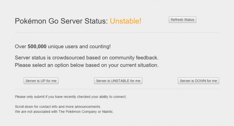 Screenshot of current Pokemon GO server status. Crowdsourced on X.