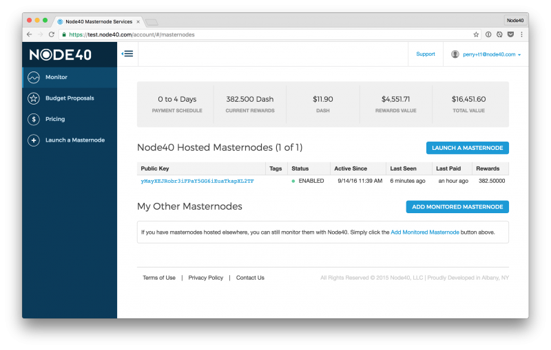 Screenshot of Node40's masternode monitoring user interface.