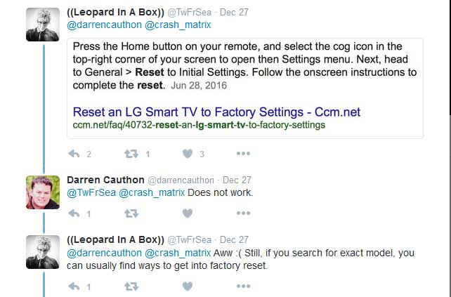 Screenshot of help Cauthon received on his Twitter feed to fix the broken TV. To no avail.