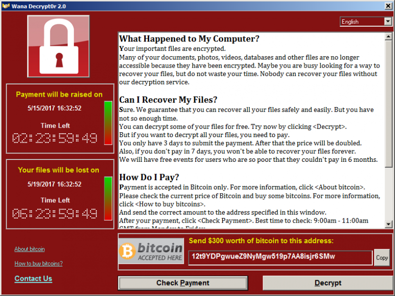 Image: Wanna Decryptor ransomware via Avast Software