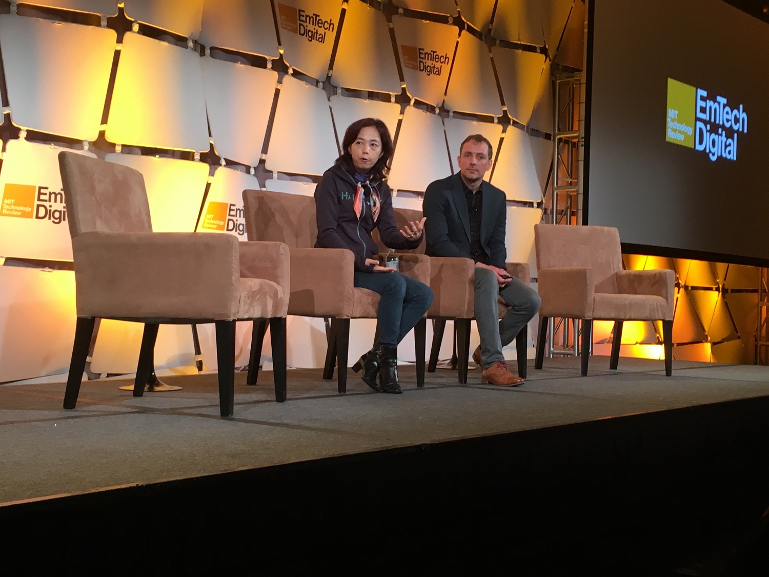 Stanford's Fei-Fei Li and Technology Review's Will Knight (Photo: Mark Albertson/SiliconANGLE)